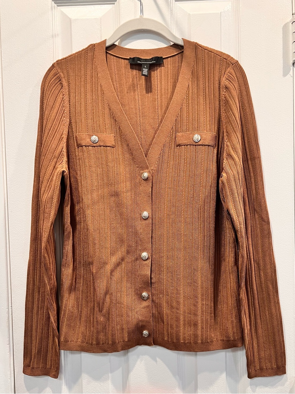 White House Black Market Ribbed Knit V-Neck Button Cardigan Brown Size L